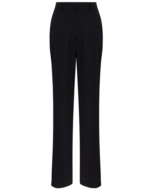 High waisted black pants with metallic pinstripes.