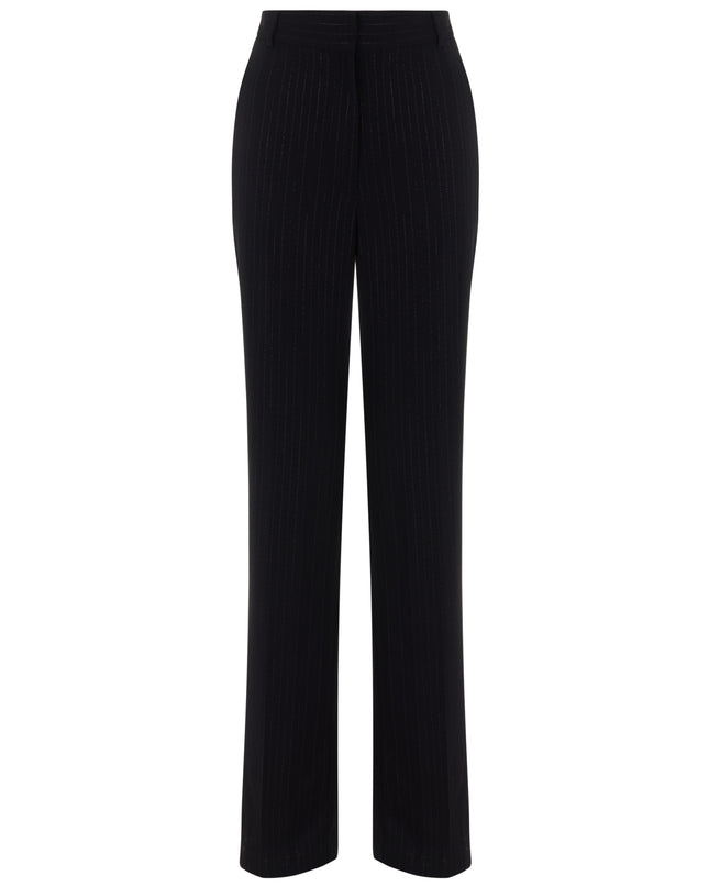High waisted black pants with metallic pinstripes.