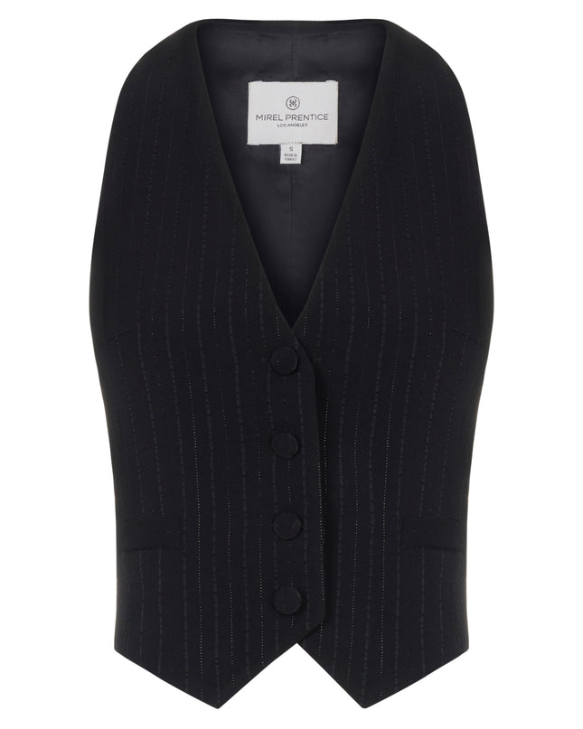 Black vest with metallic pinstripes.