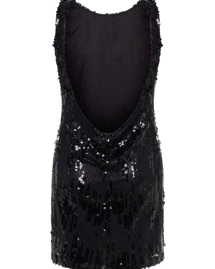 Black sequin mini dress with open back.