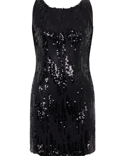 Black sequin mini dress with open back.