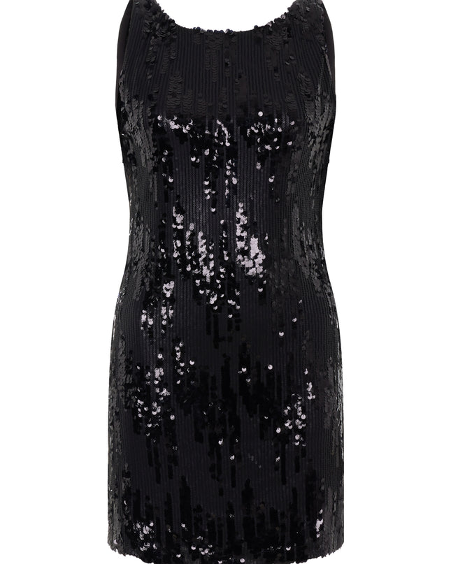 Black sequin mini dress with open back.