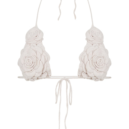 Hand knit flower bra in bone white.