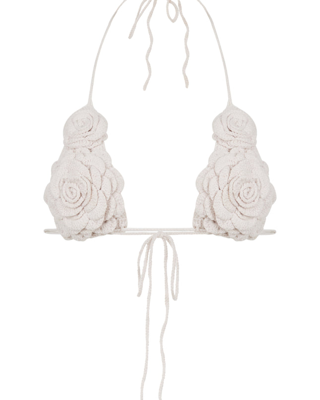 Hand knit flower bra in bone white.
