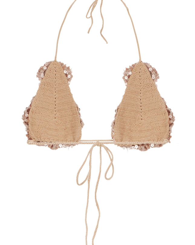 Hand knit flower bra in bronze sequin.