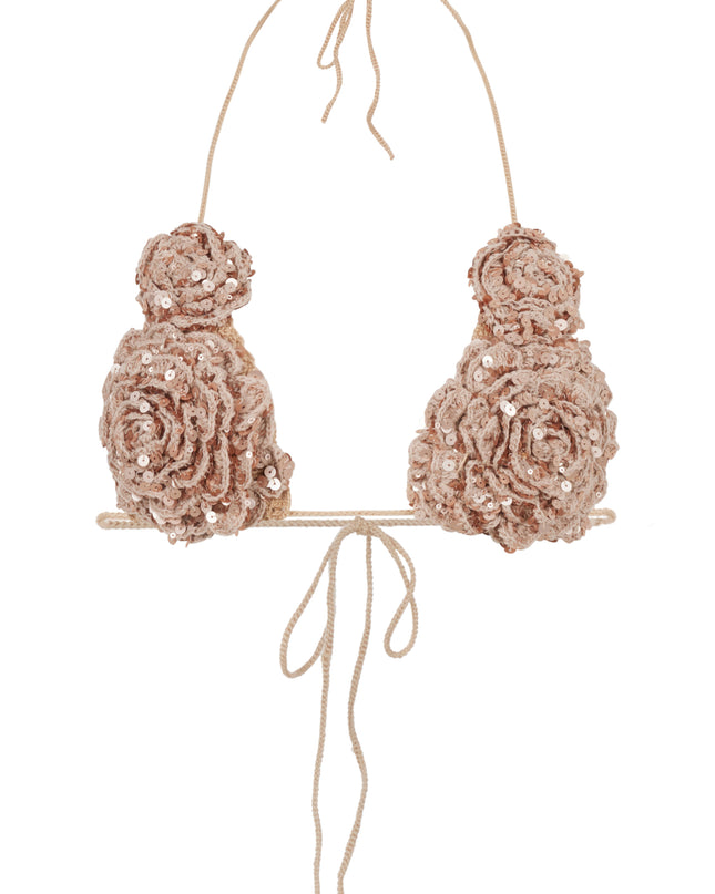 Hand knit flower bra in bronze sequin.