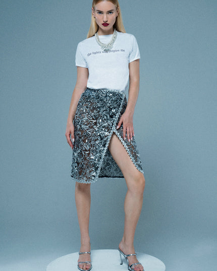 Silver embroidered midi skirt.