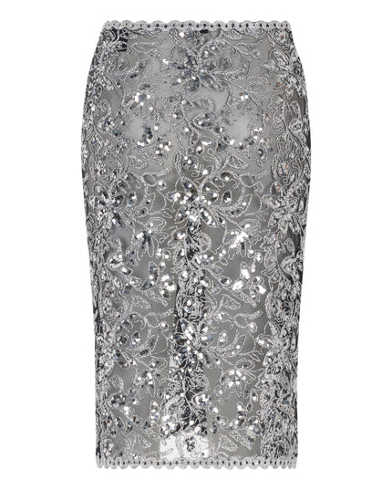 Silver embroidered midi skirt.