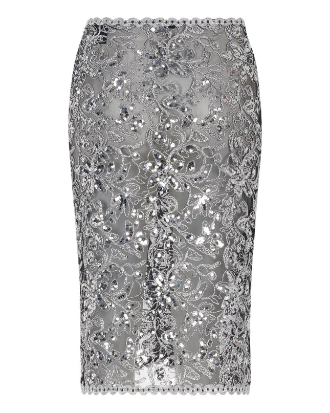 Silver embroidered midi skirt.