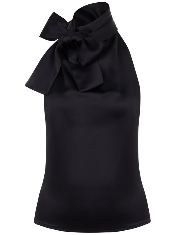 Sleeveless tie neck satin blouse.